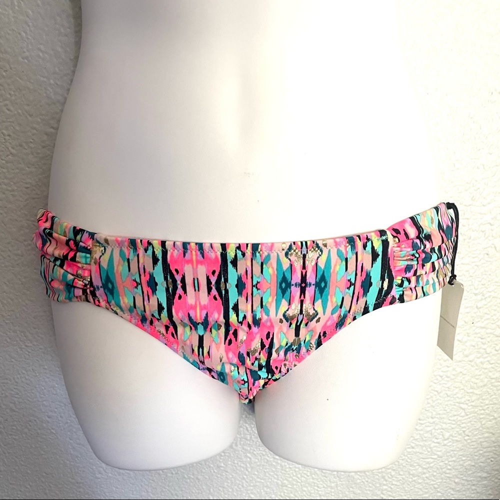 SHADE & SHORE multicolor watercolor print side shirred low bikini bottoms -small